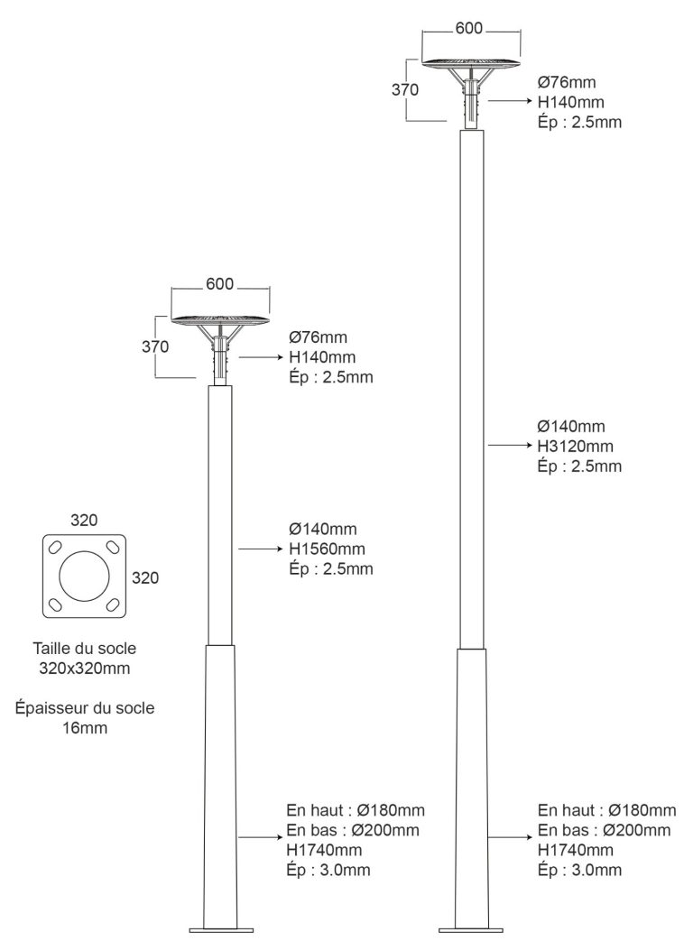 Dimensions du lampadaire ZEUS